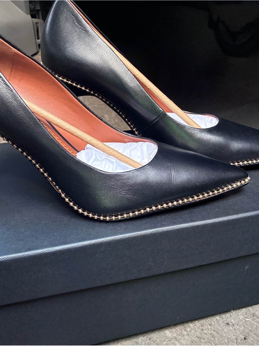 Coach Black Leather Pointed Toe Pumps with Gold Bead Trim